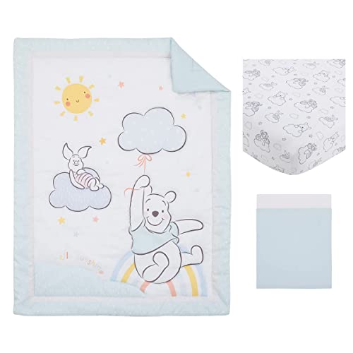 Image of Disney Winnie The Pooh Hello Sunshine Multi-Colored Rainbow, Yellow Sun & Blue Clouds 3Piece Nursery Crib Bedding Set - Comforter, Fitted Crib Sheet & Crib Skirt, Aqua, Yellow, Orange, White