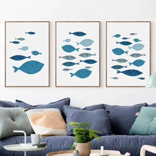 Peinture murale de poissons bleus texturés XINBAO affiches d'art minimalistes