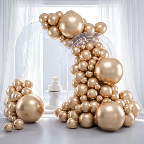 Image of RUBFAC Chrome Gold Balloons 129pcs Different Sizes Pack of 18 12 10 5 Inch, Latex Metallic Gold Balloon Garland Arch Kit for Graduation Wedding Happy Birthday Party Decoration