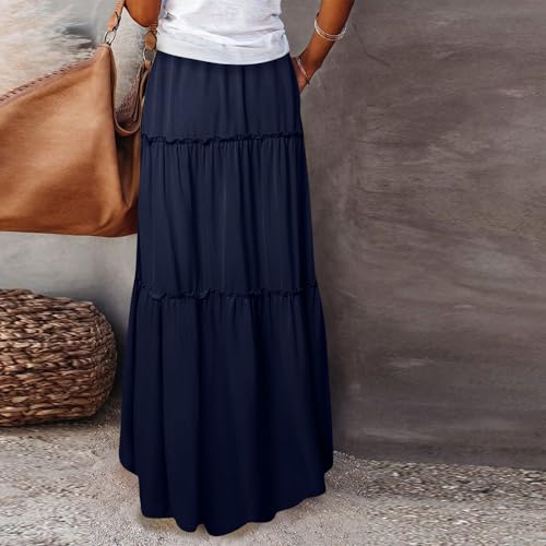 Skirts for Women Summer Flowy Tiered Elastic High Waisted Skirt Vacation Swing Long Solid Maxi Beach Skirts4