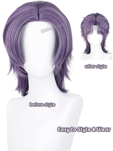 Image of Half and Half Gray Purple Wolf Cut Anime Cosplay Wig with Bangs 15'' Dark Purple Shoulder Length Middle Part Layered Wigs for Men Women Halloween Party Daily