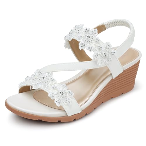 Image of SHIBEVER Wedge Sandals for Women Dressy: Summer Open Toe Low Platform Wedges Sandals Elastic Ankle Strap Flower Comfortable Casual Shoes