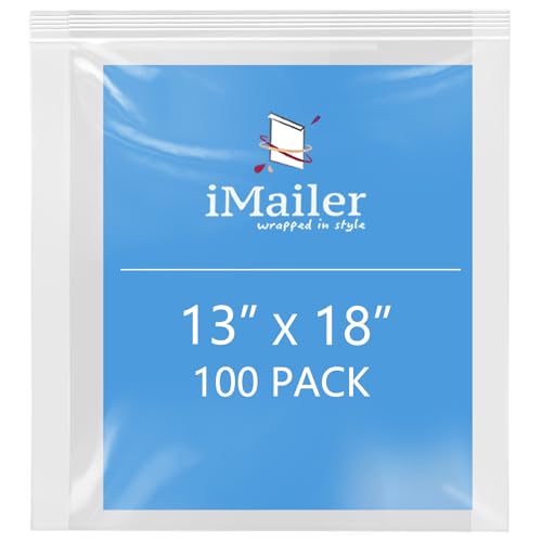 iMailer- 13" x 18" 100 Pack- 2 Mil Resealable Zip Bags- Clear Plastic Bags with Zip Top Lock for Storage, Organizing, Crafts, Travel