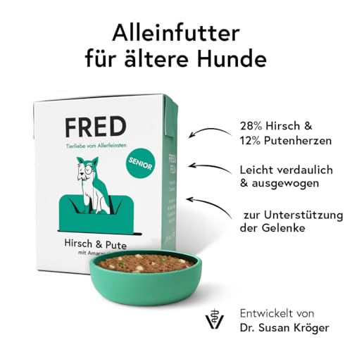 FRED Senior Nassfutter Hirsch & Pute – 28 % Hirsch & 12 % Putenherzen – speziell für ältere Hunde – mit Amaranth, Spirulina & Grünlippmuschel – 390 g Tetra Pak