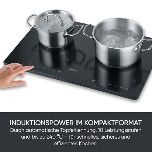 Severin Induktionskochplatte 2 Platten, kratzfeste Glaskeramik-Kochfelder, matt, 10 Leistungsstufen, Touch-Display, Timerfunktion, automatische Abschaltung, 3.400W, schwarz, Glas, DK 1033
