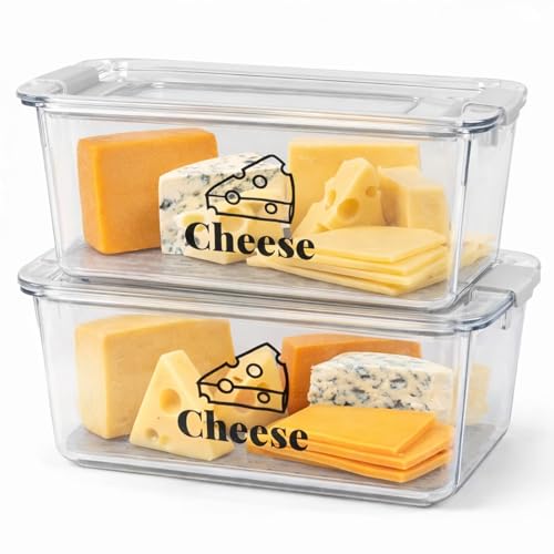 Punorric 2Pack Cheese Storage for Fridge 3.5L Clear Cheese Container with Lid Airtight Storage Box with Drain Tray Stackable Mold-Resistant Fridge Organiser for Chunks & Slices BPA-Free