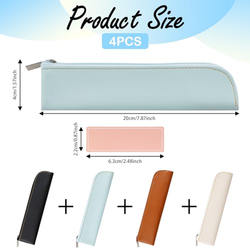 Image of 4Pcs Slim Leather Pencil Pouch with 60 Label Stickers | PU Leather, Waterproof, Soft, Compact 7.87x1.57 Inch, 4 Classic Colors, Zipper Closure, for Pens Coins Cosmetics