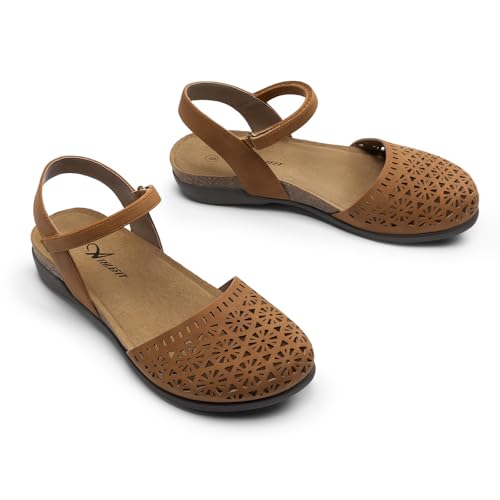 Image of Athlefit Women's Closed Toe Sandals Comfort Cork Footbed Arch Support Flat Sandals