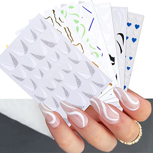 7 Sheets French Nail Stickers for Nail Art Supplies French Tips Nail Decorated for Acrylic Nails 3d Self-Adhesive Nail Design Line Nail Decals for Women Girls Gold Designer Nail Stickers Manicure Tips
