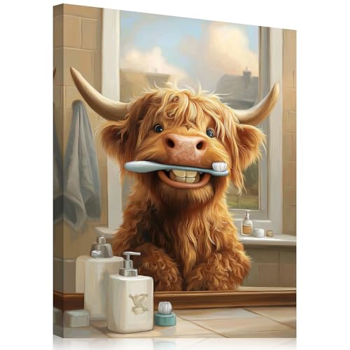 Halioyo Funny Highland Cow Wall Art for Bathroom, 12x16 Inch Cute Cow Brushing Teeth Canvas Print, Rustic Farmhouse Decor for Bedroom, Laundry Room, Living Room, Hallway by Halioyo - Used condition - US$18.99