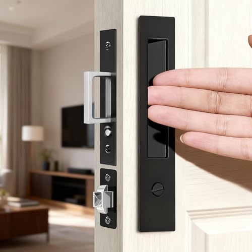 Privacy Pocket Door Lock with Pop-Up Pull Handle Pocket Door Hardware for Bedroom Bathroom and Office Recessed Flush Sliding Door Lock Fits 1-3/8 to 2-1/4 Thick Doors Black
