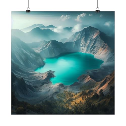 Mount Rinjani Crater Lake, Indonesia Matte Poster - Turquoise Crater Lake - Made in USA - 18x18 Inch