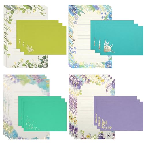 KSIWRE Juego de papel estacionario, 24 papeles de carta de estampado de lámina dorada con 12 sobres, bonito papel de escritura estacionario, ideal para invitaciones de amor y deseos de vacaciones