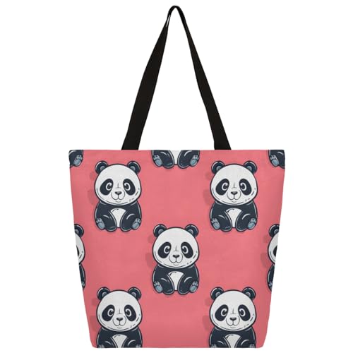 Mularoka Cute Cartoon Pandas Large Capacity Canvas Tote Bag Stylish Handheld Shoulder Bag Reusable Shopping Bag for Work Travel Beach Trips Shopping