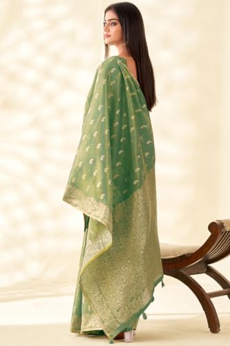 Image of SWORNOF Gold-Toned Woven Design Silk Zari Tissue Saree | Saree for Women | Soft and Skin Friendly