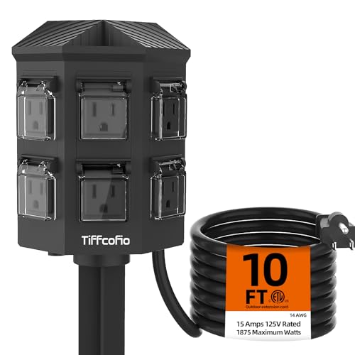 TiFFCOFiO Outdoor Power Strip with Stake Waterproof, 10 FT Extension Cord, 6 Grounded Outlets for...
