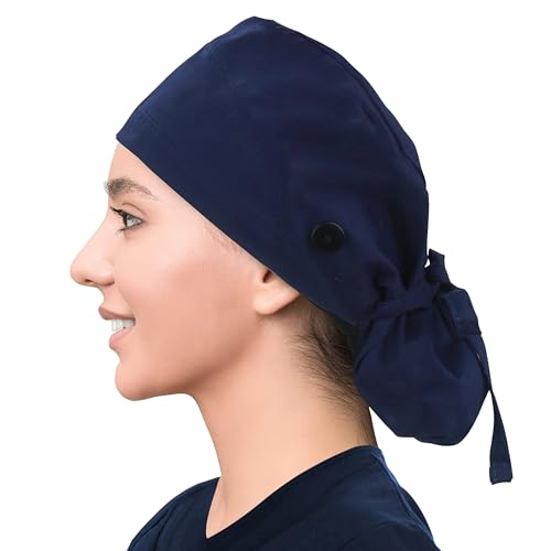 Image of QBA Adjustable Working Cap with Button, Satin-Lined Hat, Cotton Working Hat Sweatband, Elastic Tie Back Hats Unisex