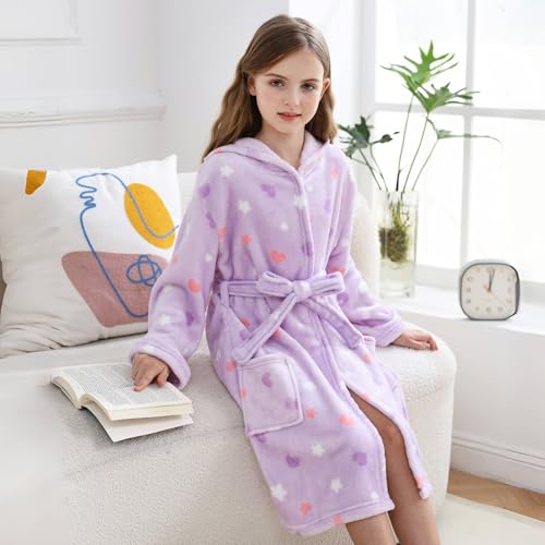 Image of V.&GRIN Girls Fleece Hooded Robe, Soft Unicorn Bathrobe for Kids 5-14 Years