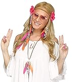 Versand aus Deutschland shoperama 5-teiliges 60er Jahre Flower Power Hippie Set - Herz-Brille Haarband Ohrringe Kette Perlen Federn Blumen Peace-Symbol
