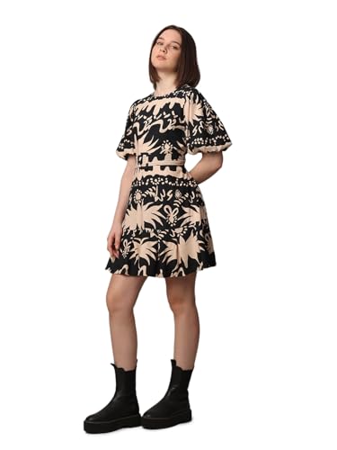 Image of ONLY Floral Print Round Neckline A-Line Dress | Detachable Waist Belt | Balloon Sleeves | Flared Skirt
