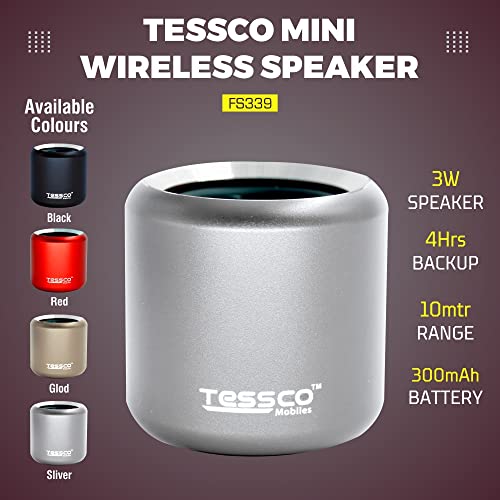 Image of (Tessco FS-339) Mini Wireless Bluetooth Speaker | IPX5 Waterproof | DSP Technology | Stereo Surround Sound | Portable Speaker Compatible with Phone, Tablet, TV (Silver)