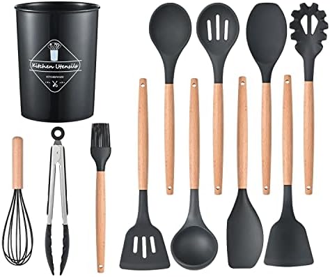 ICVKRJ 12 Pcs Silicone Cooking Utensils Kitchen Utensil Set - 446°F Heat Resistant,Turner Tongs, Spatula, Spoon, Brush, Whisk, Wooden Handle Black Kitchen Gadgets with Holder for Nonstick Cookware