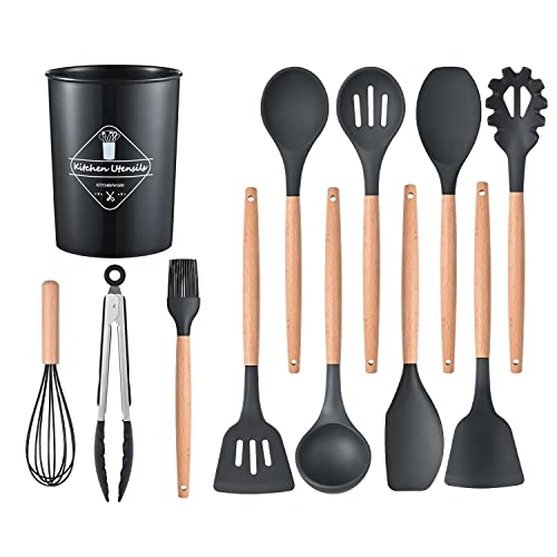 Icvkrj 12 Pcs Silicone Cooking Utensils Kitchen Utensil Set - 446°F Heat Resistant,Turner Tongs, Spatula, Spoon, Brush, Whisk, Wooden Handle Black Kitchen Gadgets With Holder For Nonstick Cookware #TOP23
