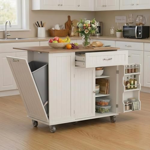 Xbro Îlot Central Cuisine avec Rangement et Plan de Travail, Emplacement pour Poubelle, Meuble de Cuisine avec Plan de Travail Rabattable, Porte-Couteaux,...