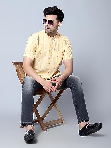 Image of LATEST CHIKAN Men's Cotton Regular Casual Strped Short Kurta Half Sleeves - (SK-LJ.DS.AS)