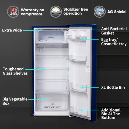 Image of SHARP 197 L Direct Cool Single Door 2 Star Refrigerator | Glass Shelves| 2.25L Bottle Space | Japan 7 Shield Protection | 60 Mins Fast Ice (Floral Fall Blue, SJ-DF225N2-PBF)