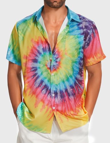 Demoking Vintage Shirts for Men Tie Dye Hippie Funny Hawaiian Shirt Button Down Shirts 7