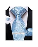 DiBanGu Silk Floral Ties for Men Woven Paisley Necktie and Tie Clip Handkerchief Cufflinks Set for Party Wedding, Baby Blue