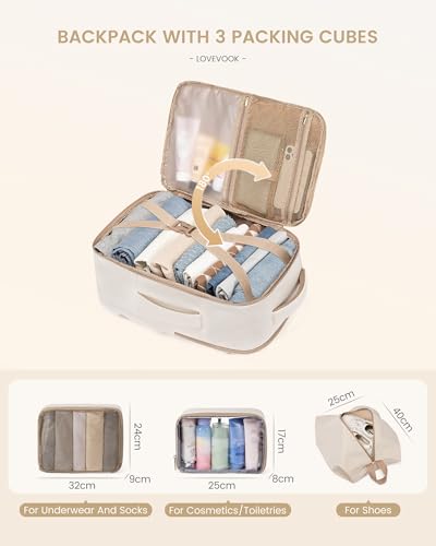 LOVEVOOK Handgepäck Rucksack Flugzeug, 40L Groß Reiserucksack Herren Damen Laptop Rucksack 17 Zoll, Wasserdicht Travel Backpack Kofferrucksack, Weekender Cabin Bag für Reise Arbeit Urlaub, Beige