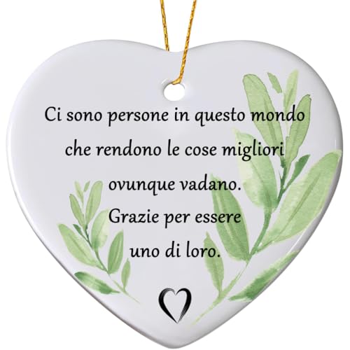 Decorazione Natalizia a Cuore con Messaggio Italiano di Gratitudine, 8 cm, Ornamento Bianco con Foglie Verdi, Gratitudine, regalo di apprezzamento per amica, sorella, famiglia