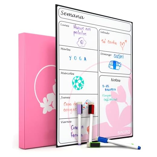Saciro - Pizarra Magnética Semanal para Nevera en Español - Planificador de Menú y Lista de la Compra para Frigorífico - Horario Magnético DIN A3 - Planner para Cocina con 4 Rotuladores