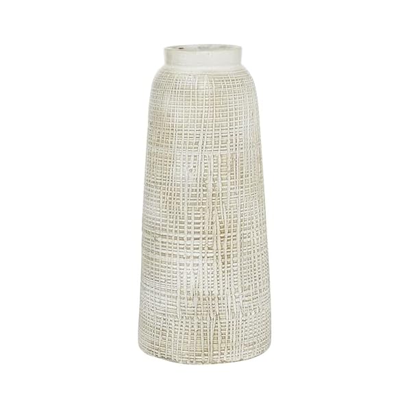 Deco 79 Ceramic Decorative Vase Textured Crosshatch Centerpiece Vase, Flower Vase for Home Decoration 8″ x 8″ x 17″, White