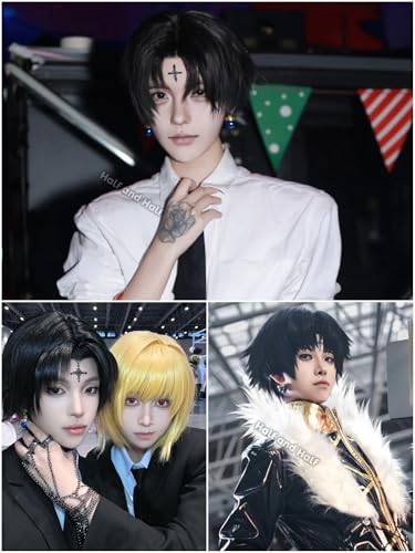 Image of Chrollo Cosplay Wig Short Emo Black Anime Male Wig with Center Part Bangs | Black Layered Costume Wigs Synthetic Hair for Women Unisex Halloween Party