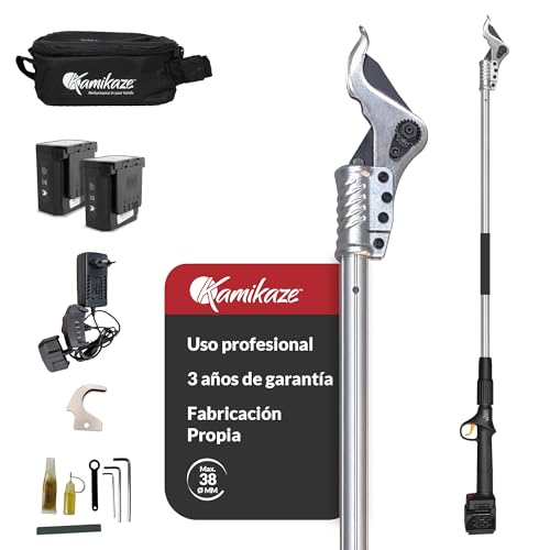 Tijera Eléctrica de poda en altura Profesional con batería. Corte Ø40mm. Longitud pértiga 215 cm. Hasta 8 horas autonomía. Incluye dos baterías de litio. Tijera a batería en altura. 3 años garantía