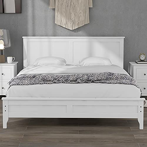 Meritline Queen Platform Bed Frame With Headboard / Solid Wood Foundation With Wood Slat Support / No Box Spring Needed / Easy Assembly, Rustic Pine (Queen Size, White) #TOP14