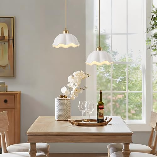 Image of Ceramic Pendant Light Nordic Vintage Mid Century Modern Hanging Lamp White Wave Ceramic Shade Brass Finish Ceiling Pendant Light for Bedside Dining Room Kitchen Island