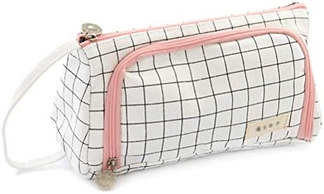 Samaz Pen Bag Pencil Case Large Capacity Canvas Pencil Bag Pouch Stationary Case Makeup Cosmetic Bag (Black Grid)
