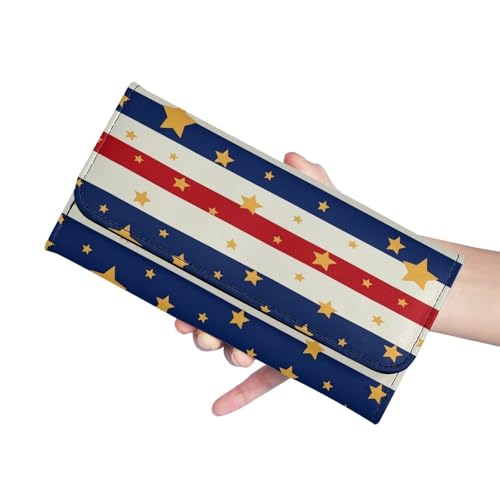 Image of AFPANQZ Leather Wallets for Women RFID Blocking Checkbook Wallet with Cit Card Slots, American Stripe Star Women's Leather Purse Large Capacity PU Purses with Zipper