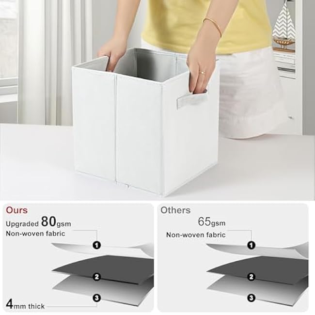 Cube Storage Boxes 10.5x10.5x11 Foldable Fabric with Handles Collapsible for Home Office Nursery Organiser - Clothes Basket Containers, White, 8 PCS