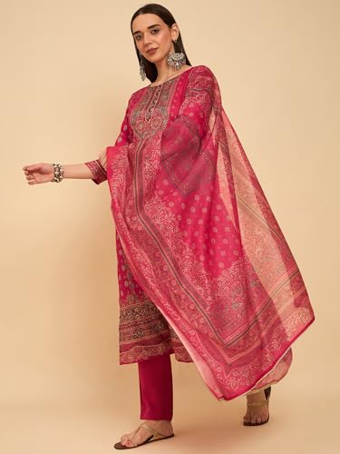 Image of SheWill Kurta Sets for Women - Red Rayon Aari Hand Work with Digital Floral Print Kurta with Pant and Chanderi Dupatta |Stylish Printed Summer Kurti Set