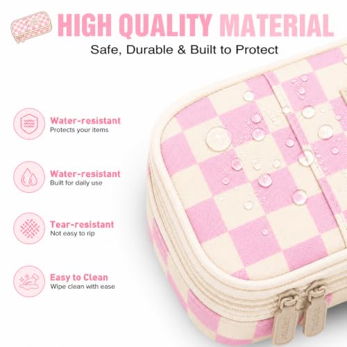 Image of Pencil Case, Large Capacity Aesthetic Pencil Cases with Durable Zipper, Big Stationery Pencil Pouch for Women & Men , Adults Portable Storage Organizer Bag for College, Office, Travel (Pink Grid)