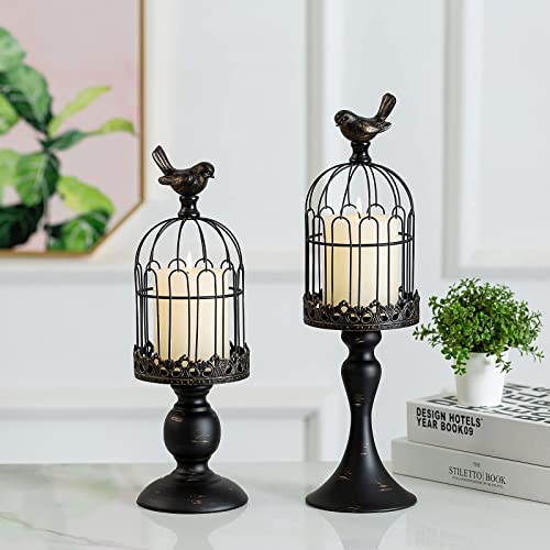 Decorative Candle Holder Birdcage Lantern - Set Of 2 Cage Lanterns For Candlestick Holder Gothic Vintage Home Decoration Table Centerpiece Mantel Decor, 13’’/16’’ Tall, Distressed Black #TOP2
