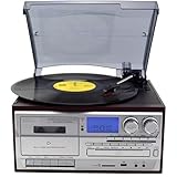 Grabación de CD/casete/vinilo a MP3: Convierte vinilos, entrada auxiliar, CD y casetes a USB/SD (formato MP3) y graba directamente USB/SD, CD, vinilos y entrada auxiliar a casete.