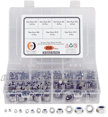 Image of Epi-Torque 211 Pcs Stainless Steel Metric Nylon Insert Lock Nut Assortment Kit - 7 Sizes: M3 M4 M5 M6 M8 M10 M12 With Plastic Storage Box