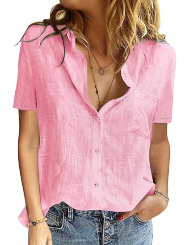 Jyanl Womens Button Down Shirts Cotton Summer Tops V Neck Short Sleeve Shirt Collared Blouse Casual Linen Textured Plain Tshirt Work Tops Pink