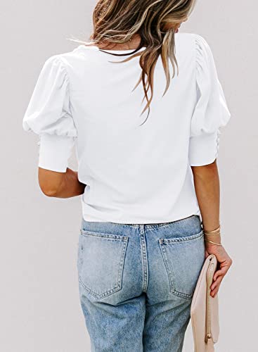 SimpleFun Women's Puff Sleeve Tops Summer Crewneck Loose Casual Blouse Shirts3